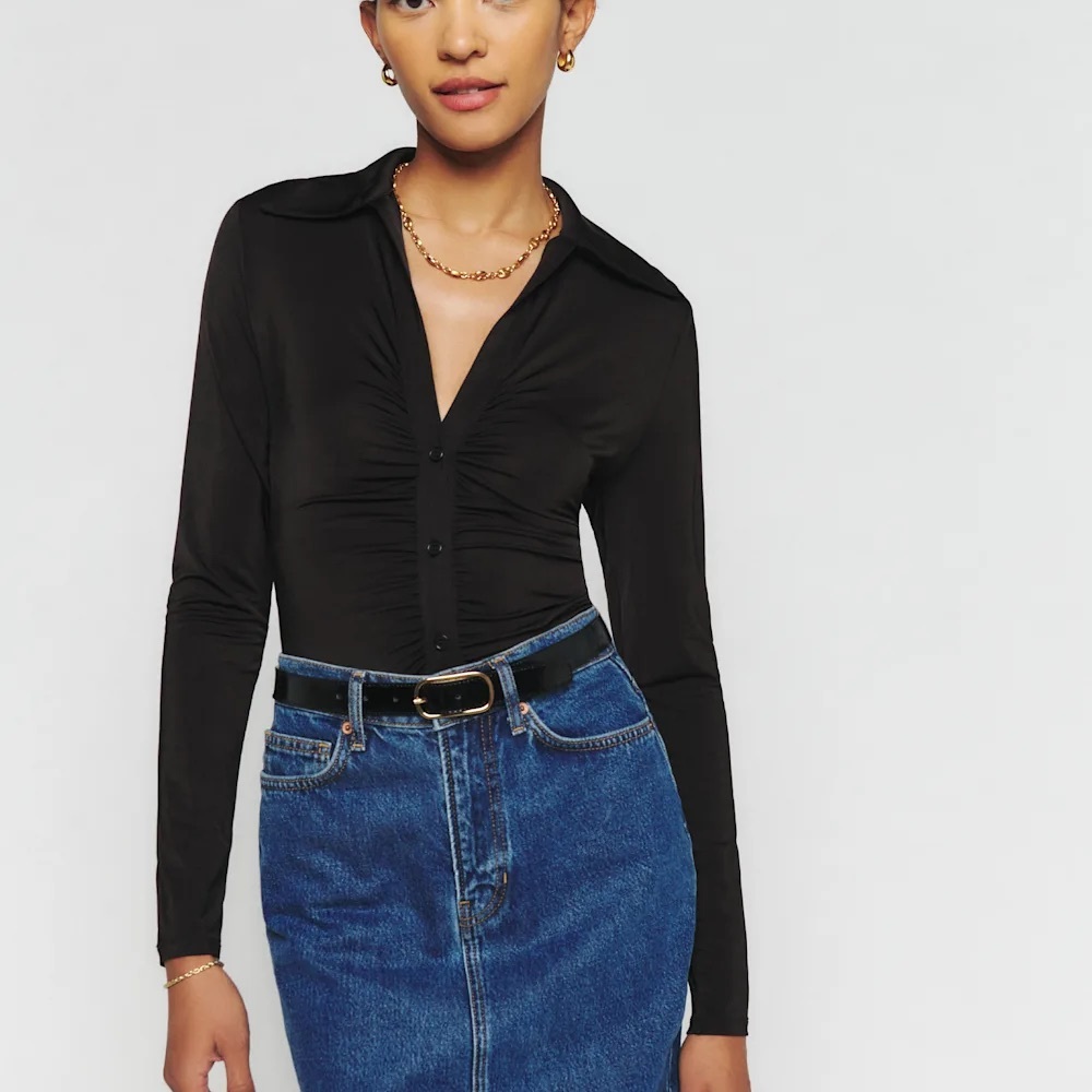 Reformation Black Ruched Button-Down Long Sleeve Top